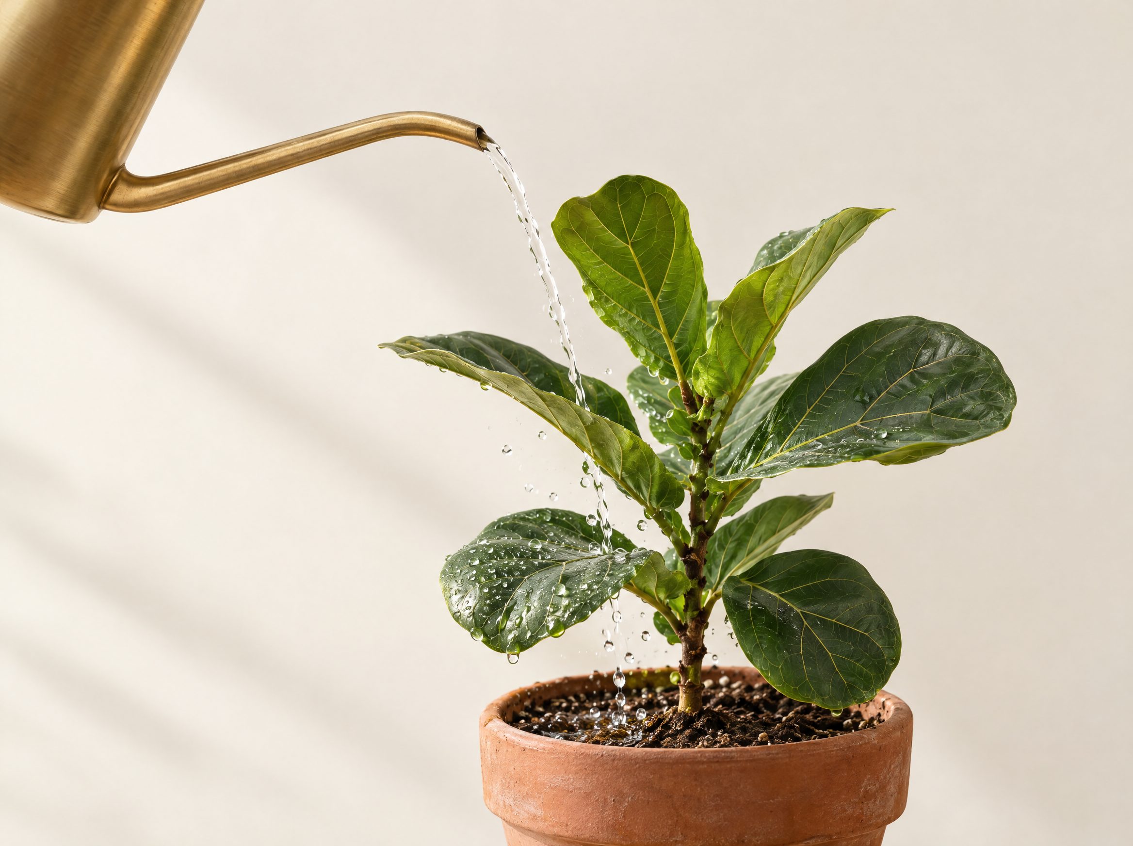 Water pouring from a brass watering can into a terracotta pot